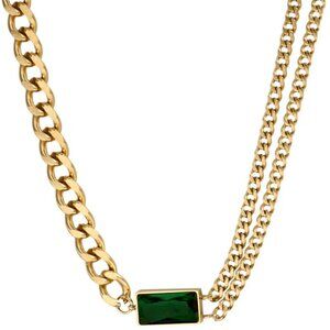 18K Gold Plated Stainless Steel Double-Chain Necklace Emerald Green Resin Stone
